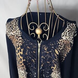 Leopard Cheetah L Print & Black Eyelash Fringe Lace Zippered Sweater Jacket